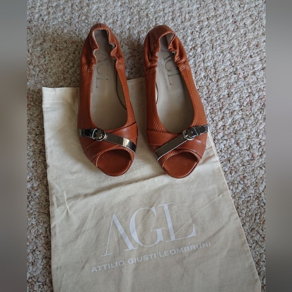 AGL brown leather open toe wedges size 8